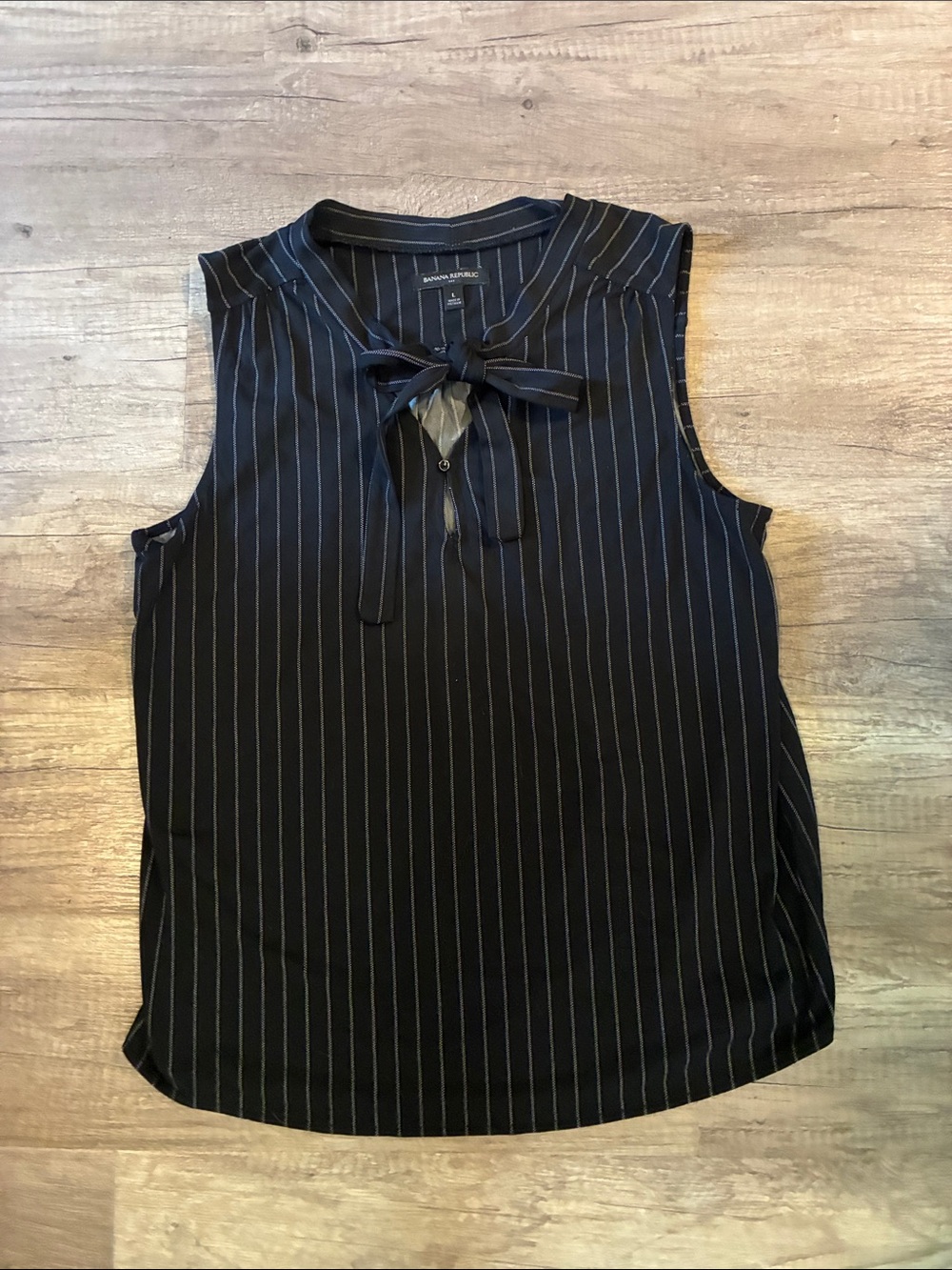 Banana Republic Black Pinstripe Tie-Neck Sleeveless Blouse